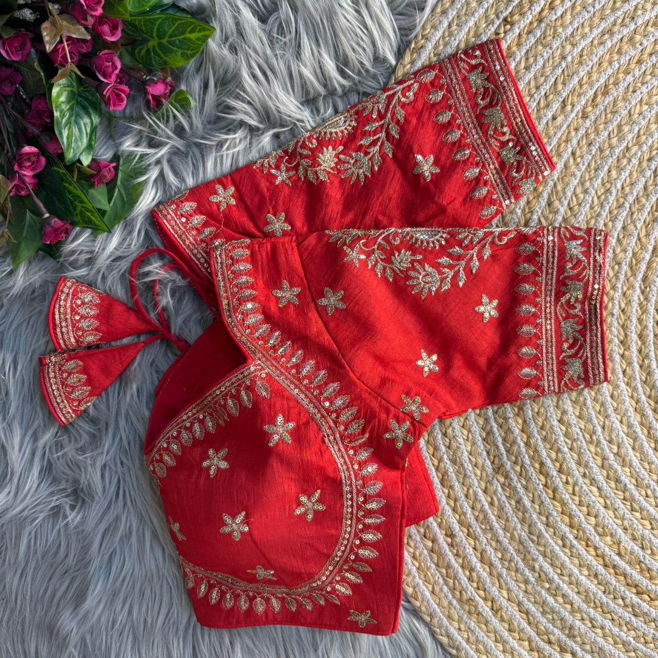 Red Pure Vichitra Silk Madhubala Style Blouse
