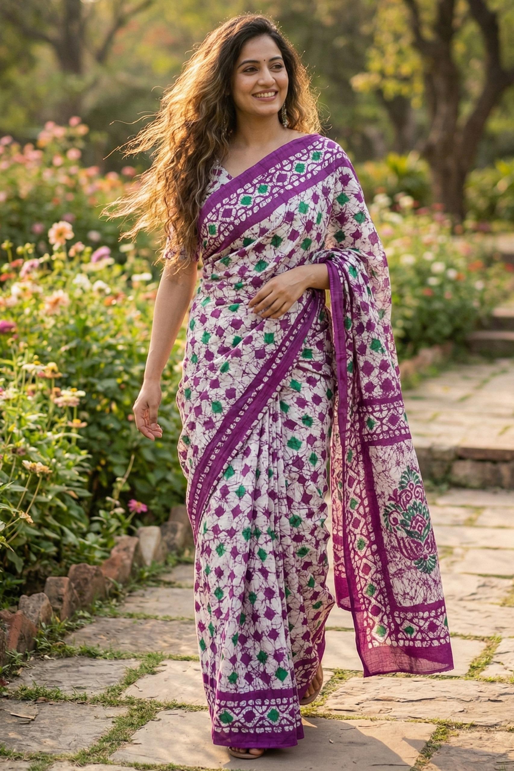 Purple Pure Soft Mal Mal Cotton Hand Block Print Cotton Saree