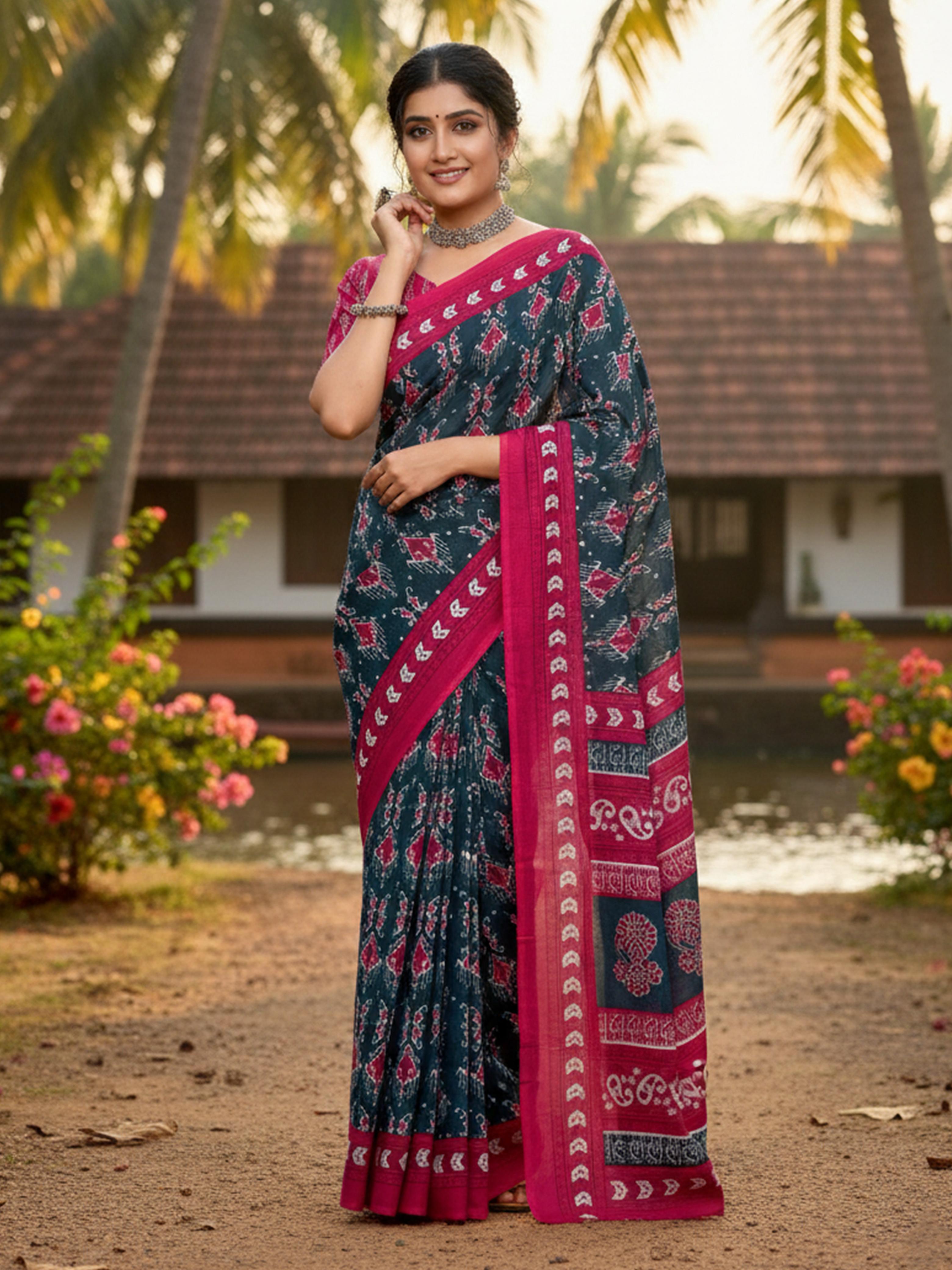 Navy Pure Soft Mal Mal Cotton Printed Cotton Saree