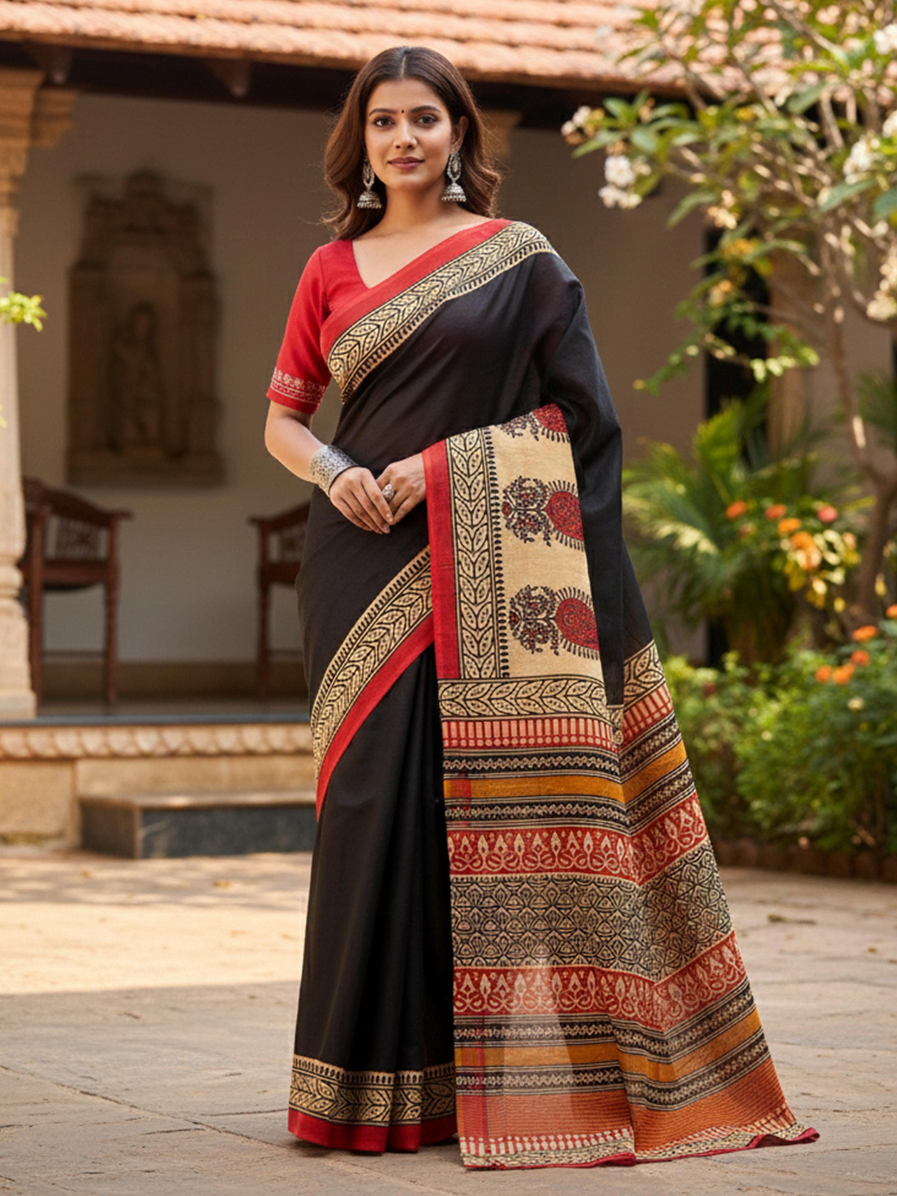 Black Pure Soft Mal Mal Cotton Printed Cotton Saree