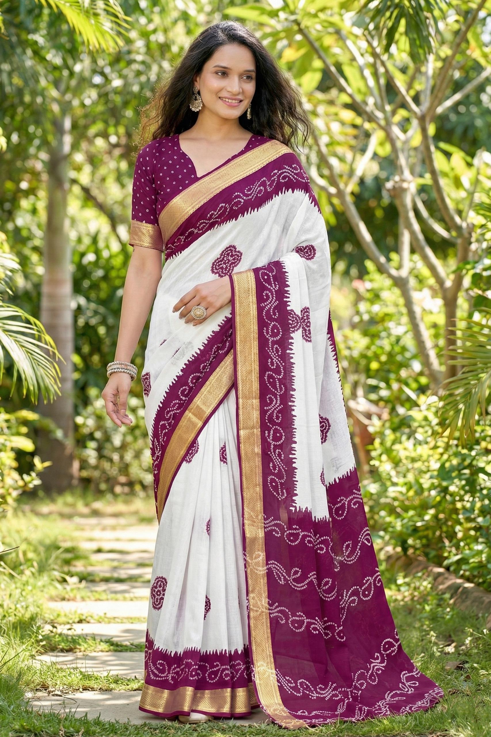Purple Pure Soft MalMal Cotton Bandhani Block Printed Cotton Saree