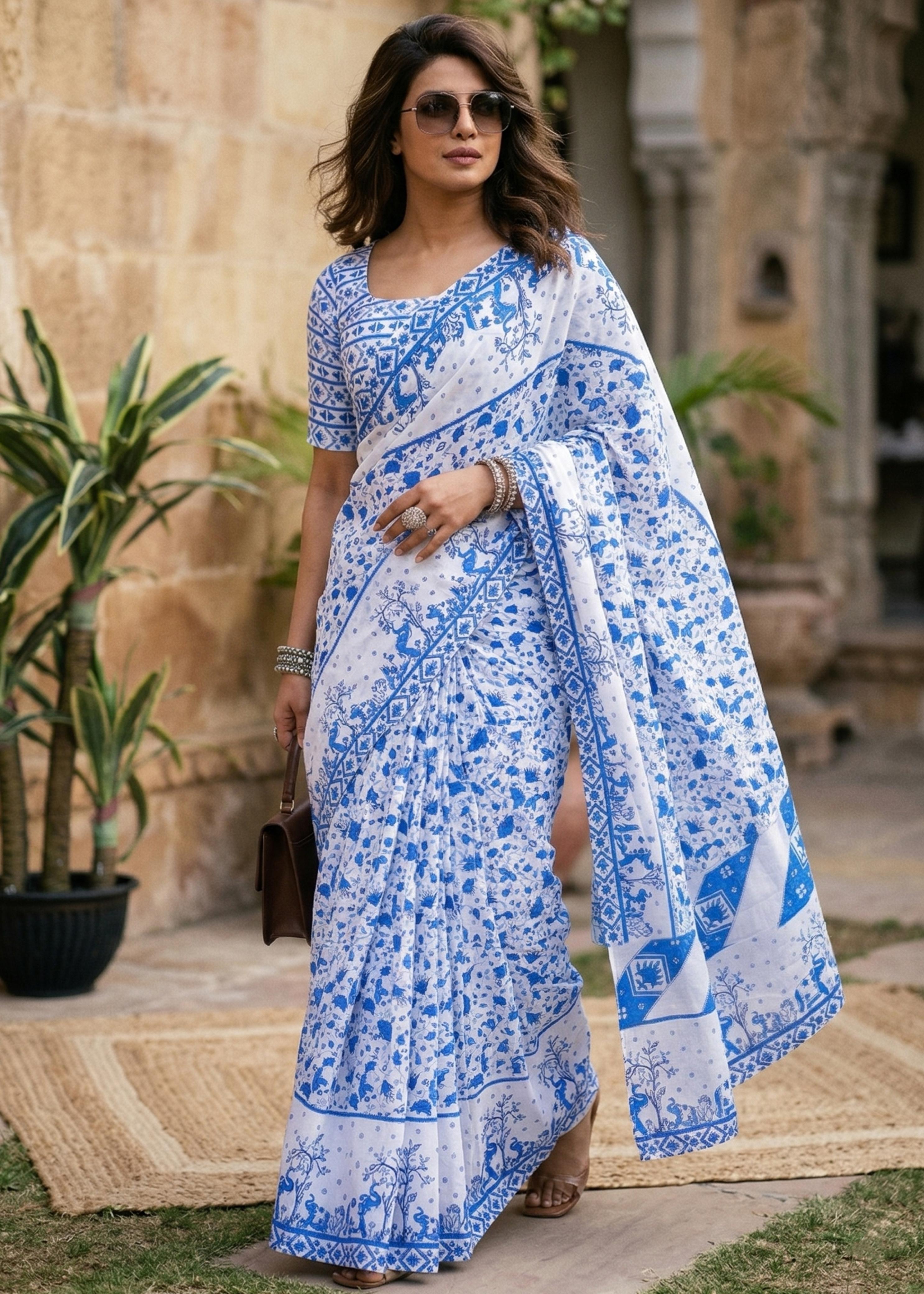 Sky Blue Pure Soft MalMal Cotton Printed Cotton Saree