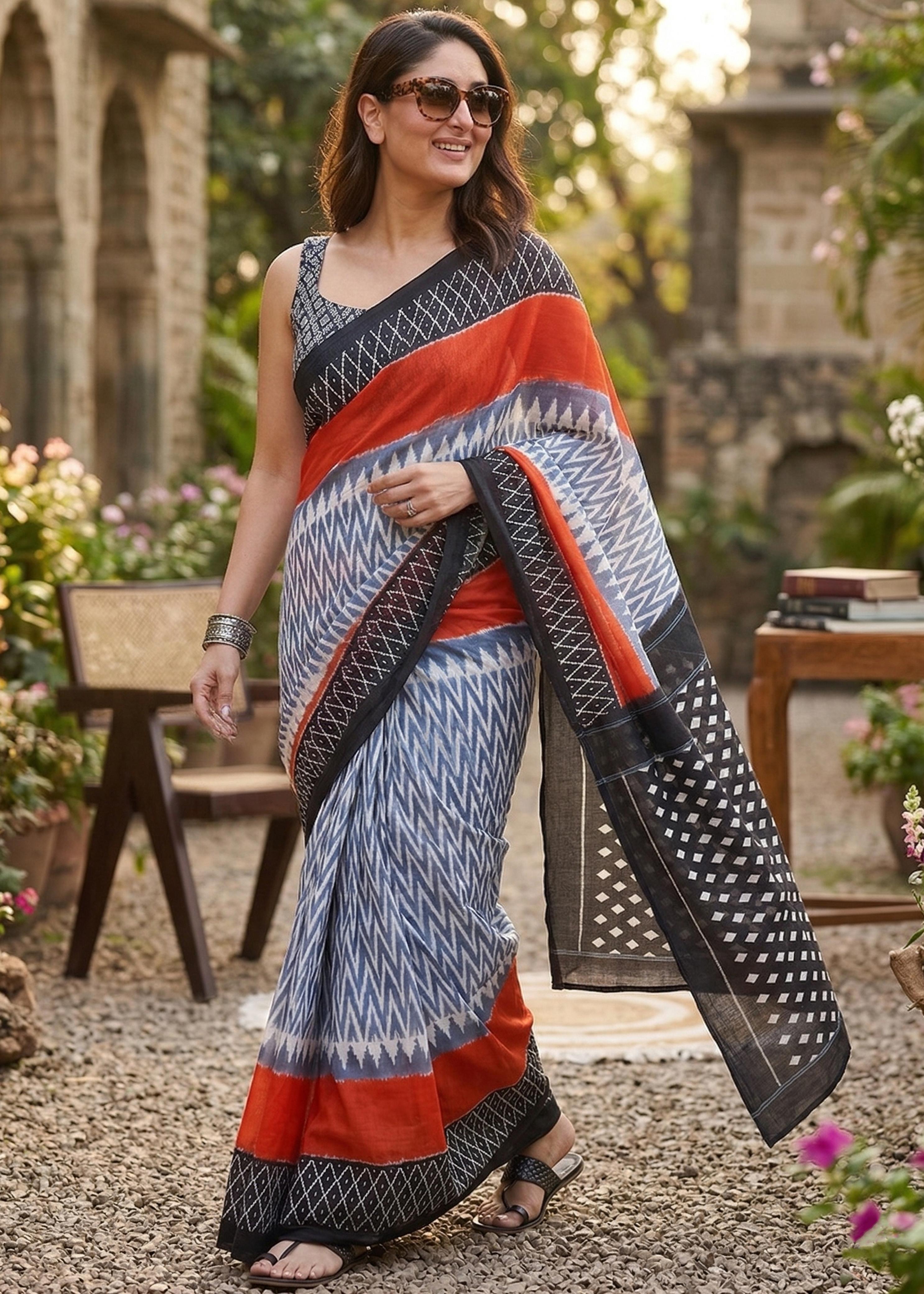 Grey Pure Soft MalMal Cotton Ikkat Printed Cotton Saree