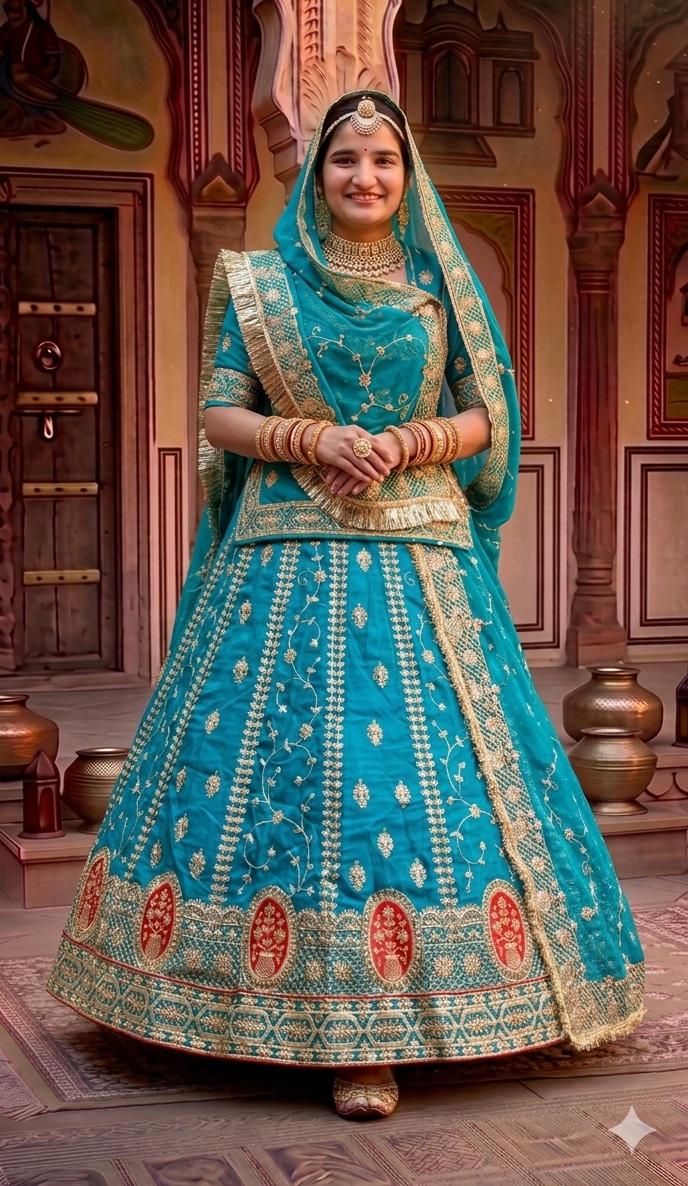 Sky Blue Pure Soft Silk Rajsthani Rajwadi Rajputi Poshak Lehenga Choli