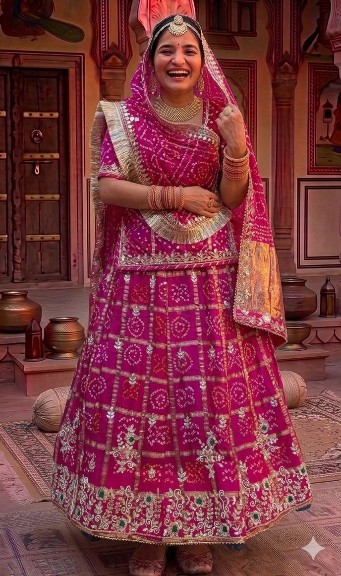 Rani Pink Rajasthani Bandhej Gahdchola Lehenga Choli