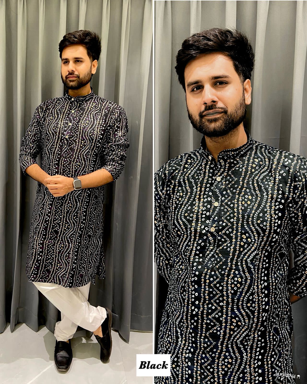 Black Soft Cotton Bandhani Print Kurta Pajama