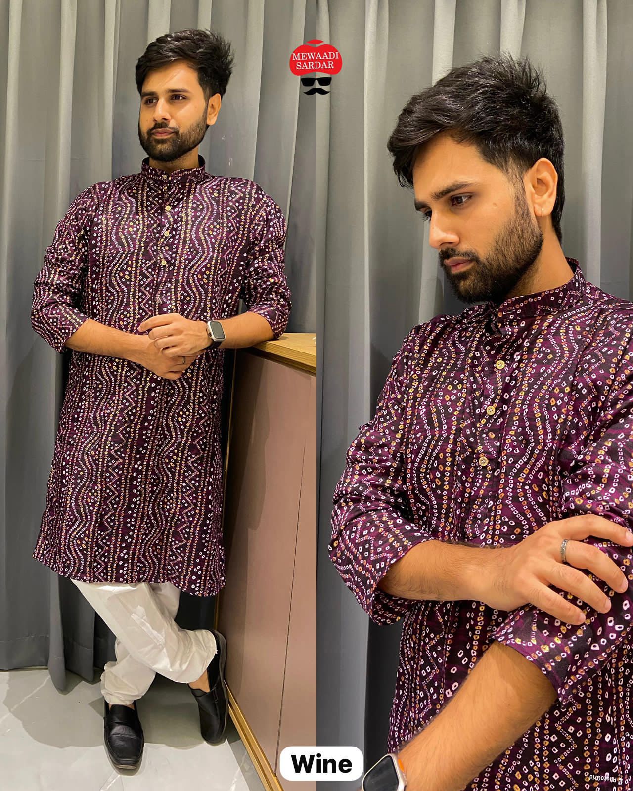 Wine Soft Cotton Bandhani Print Kurta Pajama