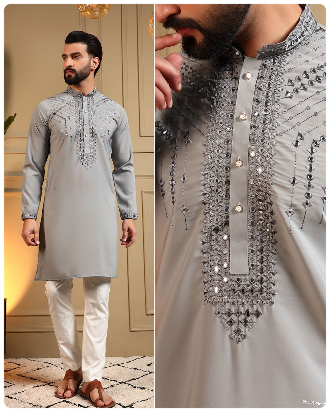 Grey Armaani Lachko Heavy Embroidery Sequins Work Kurta Pajama
