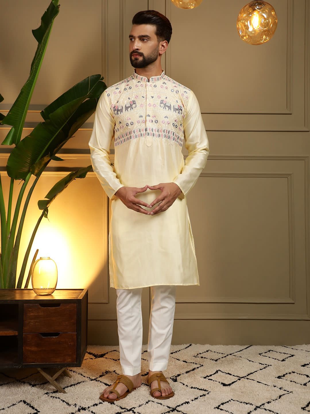 Yellow Premium Silk With Embroidery sequins work Kurta Pajama