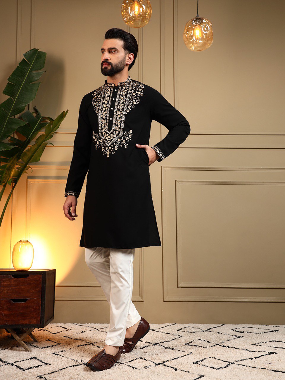 Black Armani Lachko Embroidery Sequence Work Kurta Pajama