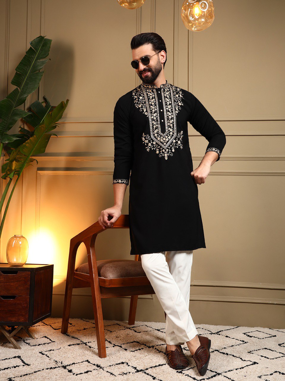 Black Armani Lachko Embroidery Sequence Work Kurta Pajama