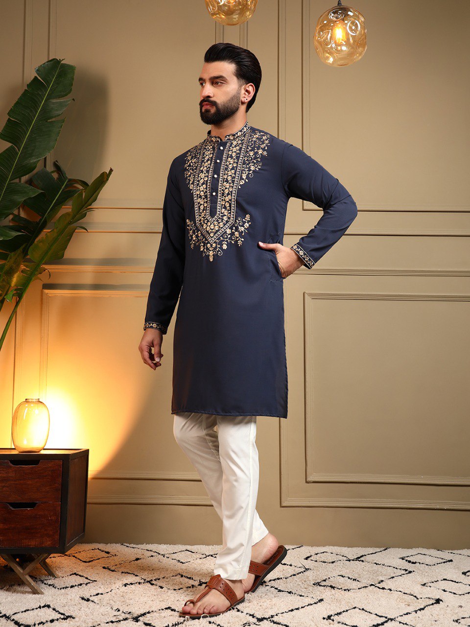 Navy Blue Armani Lachko Embroidery Sequence Work Kurta Pajama