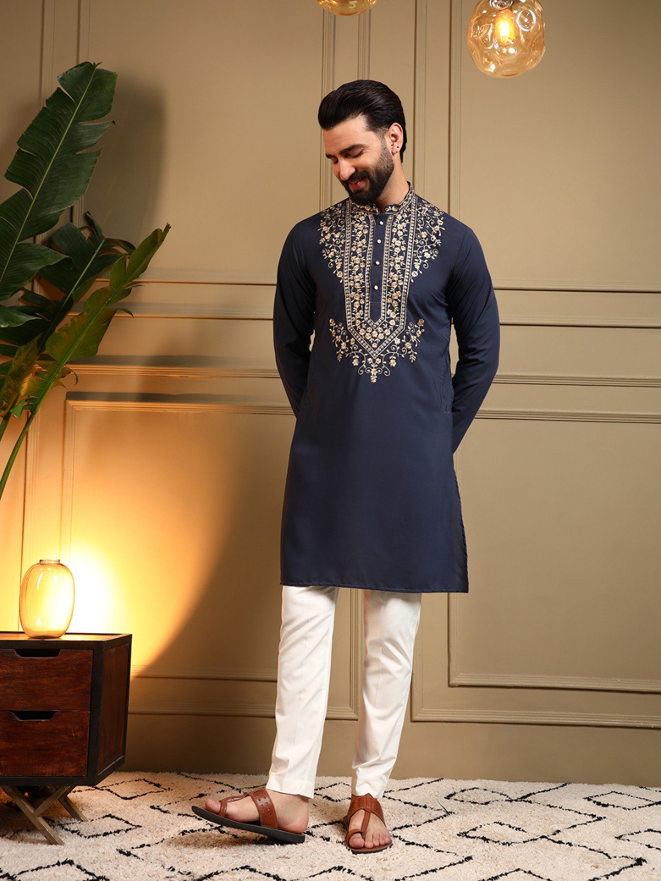 Navy Blue Armani Lachko Embroidery Sequence Work Kurta Pajama