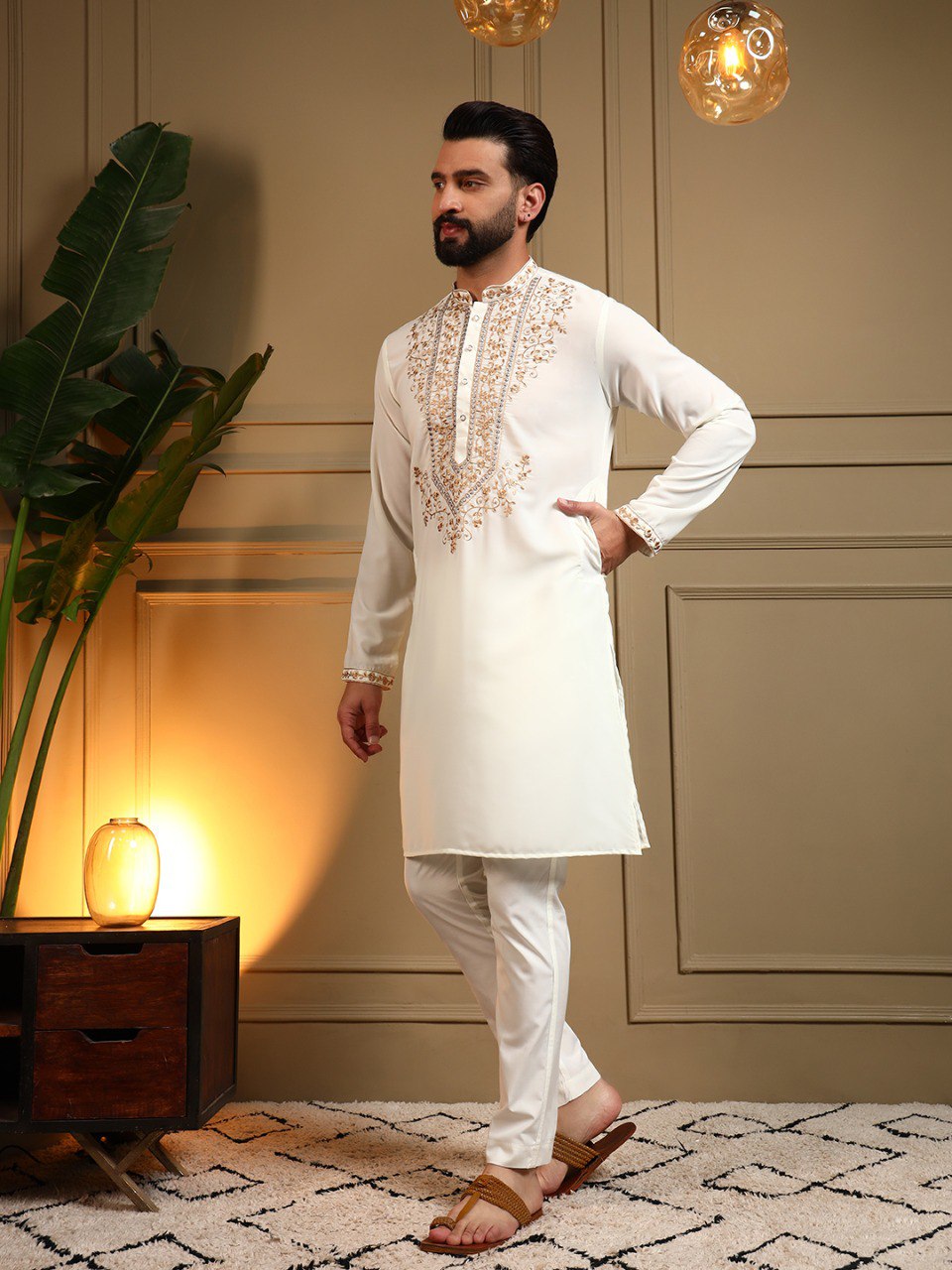 White Armani Lachko Embroidery Sequence Work Kurta Pajama