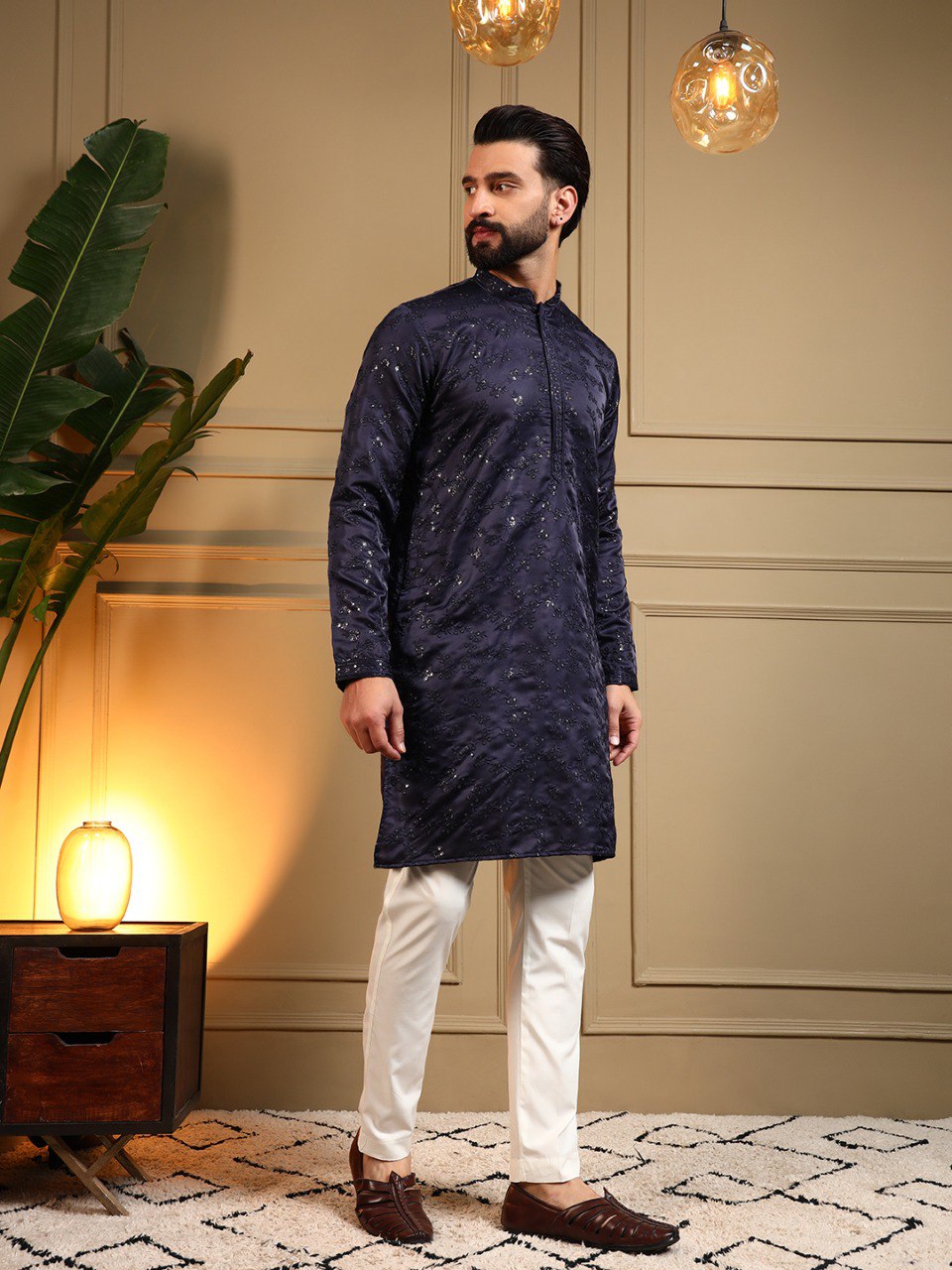 Navy Blue Royal Silk Embroidery Sequence Work Kurta Pajama