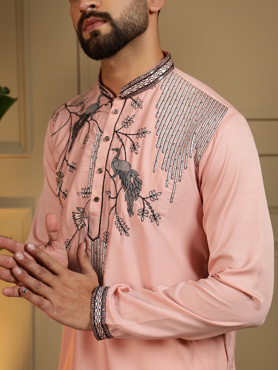 Peach Pure Viscose Silk Embroidery Sequence Work Kurta Pajama