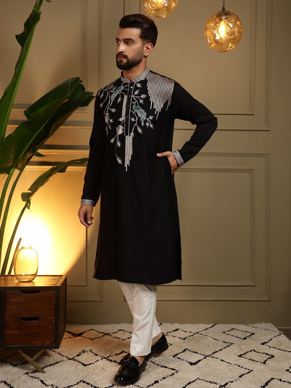 Black Pure Viscose Silk Embroidery Sequence Work Kurta Pajama