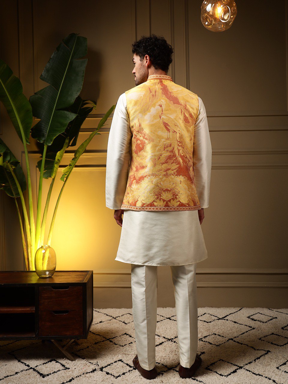 Yellow Pure Soft Jacquard 3D Weaving Kurta Pajama with Koti Jacket