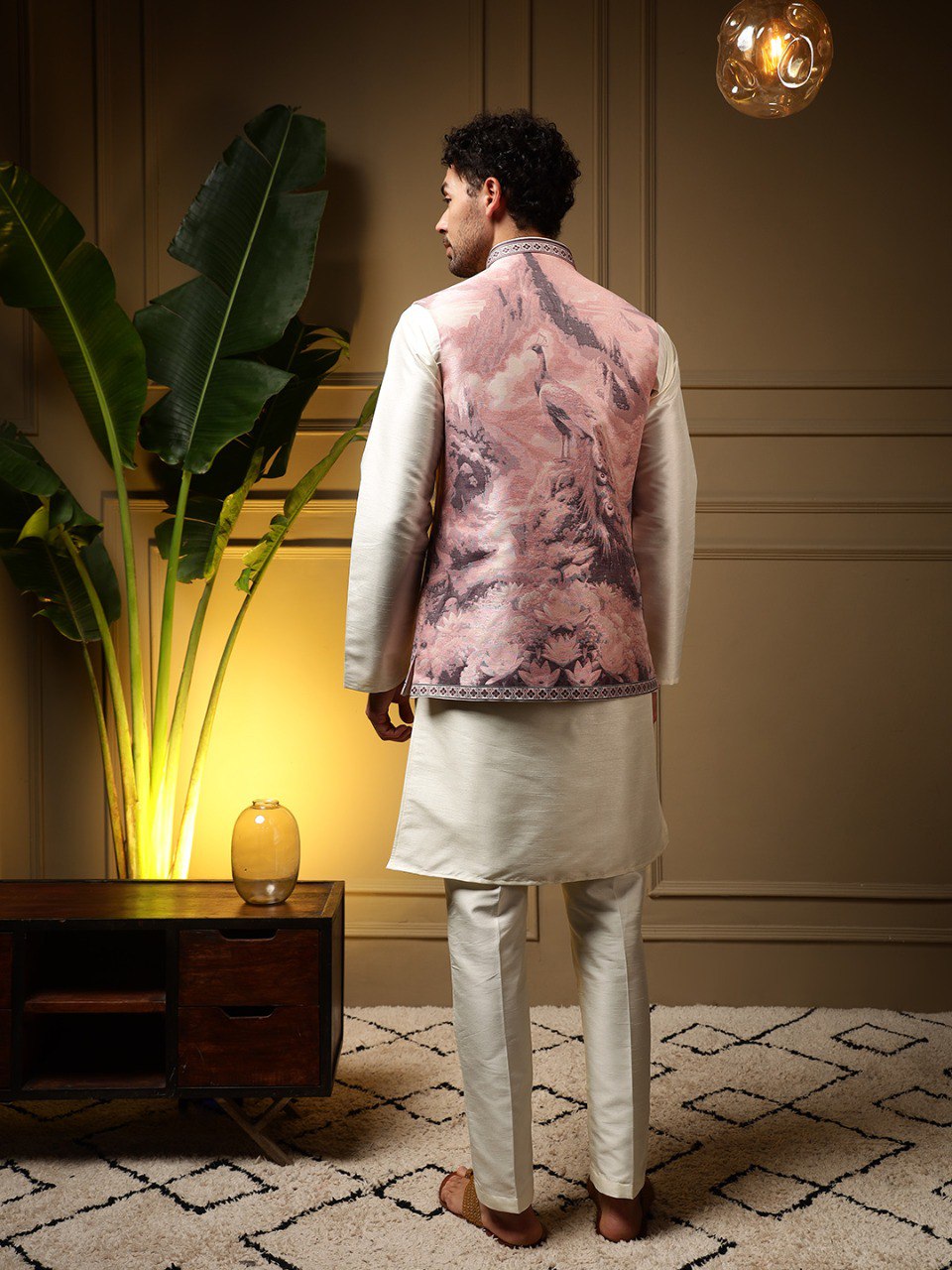 Beige Pure Soft Jacquard 3D Weaving Kurta Pajama with Koti Jacket