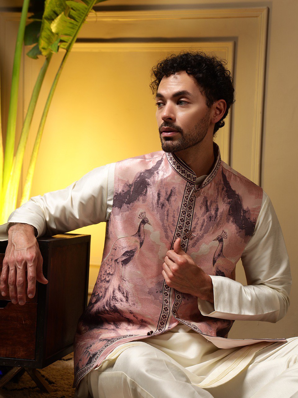 Beige Pure Soft Jacquard 3D Weaving Kurta Pajama with Koti Jacket