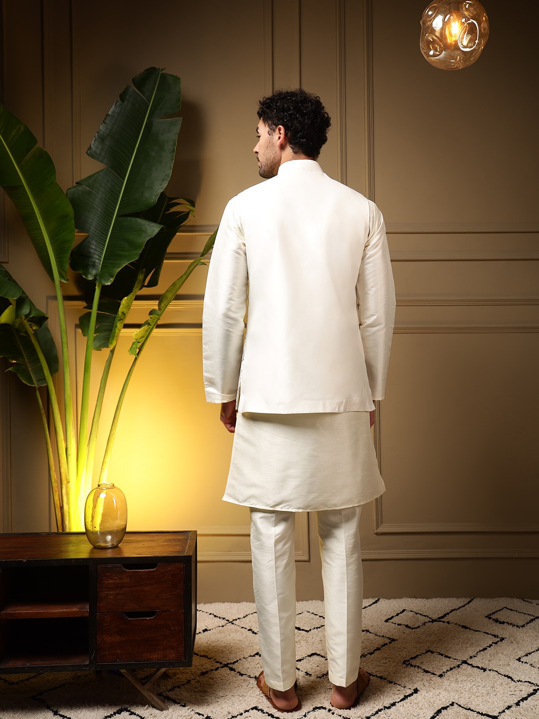 White Pure Soft Slub Silk Heavy Embroidery Work Kurta Pajama with Koti Jacket