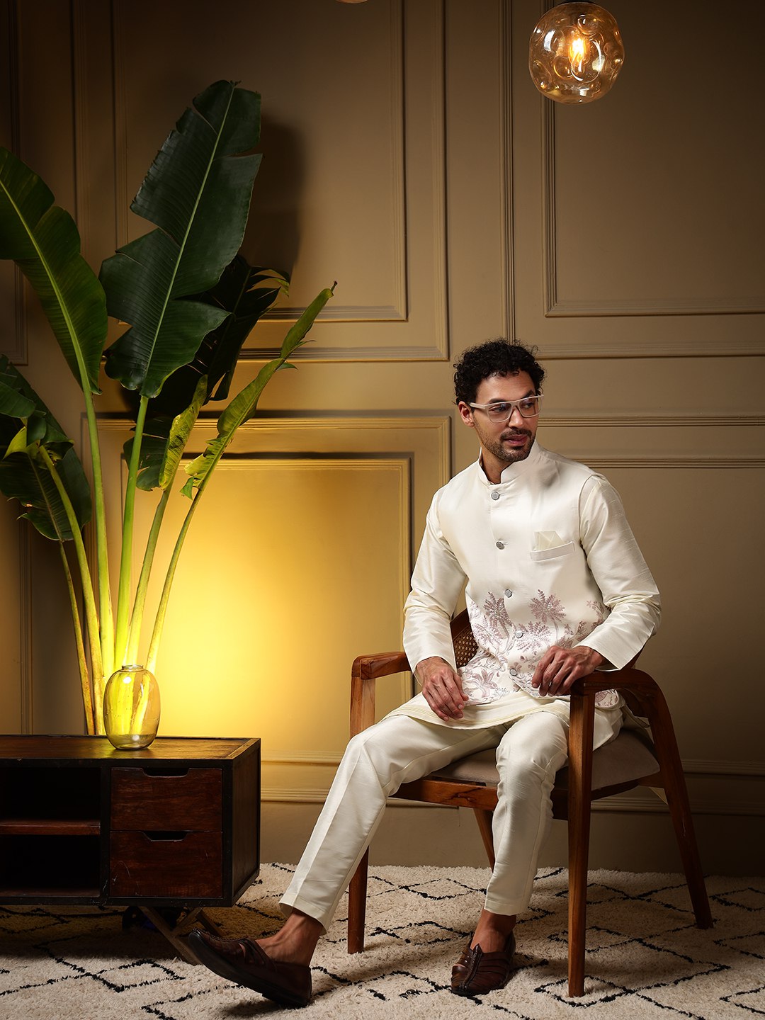 White Pure Soft Slub Silk Heavy Embroidery Work Kurta Pajama with Koti Jacket