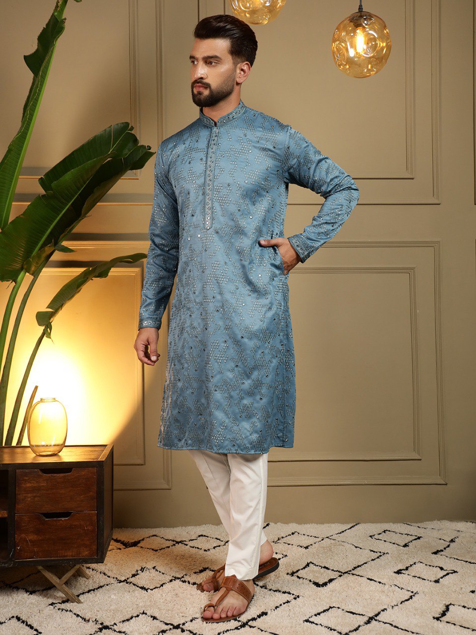 Firozi Pure Heavy Cotton Embroidery Sequence Work Kurta Pajama