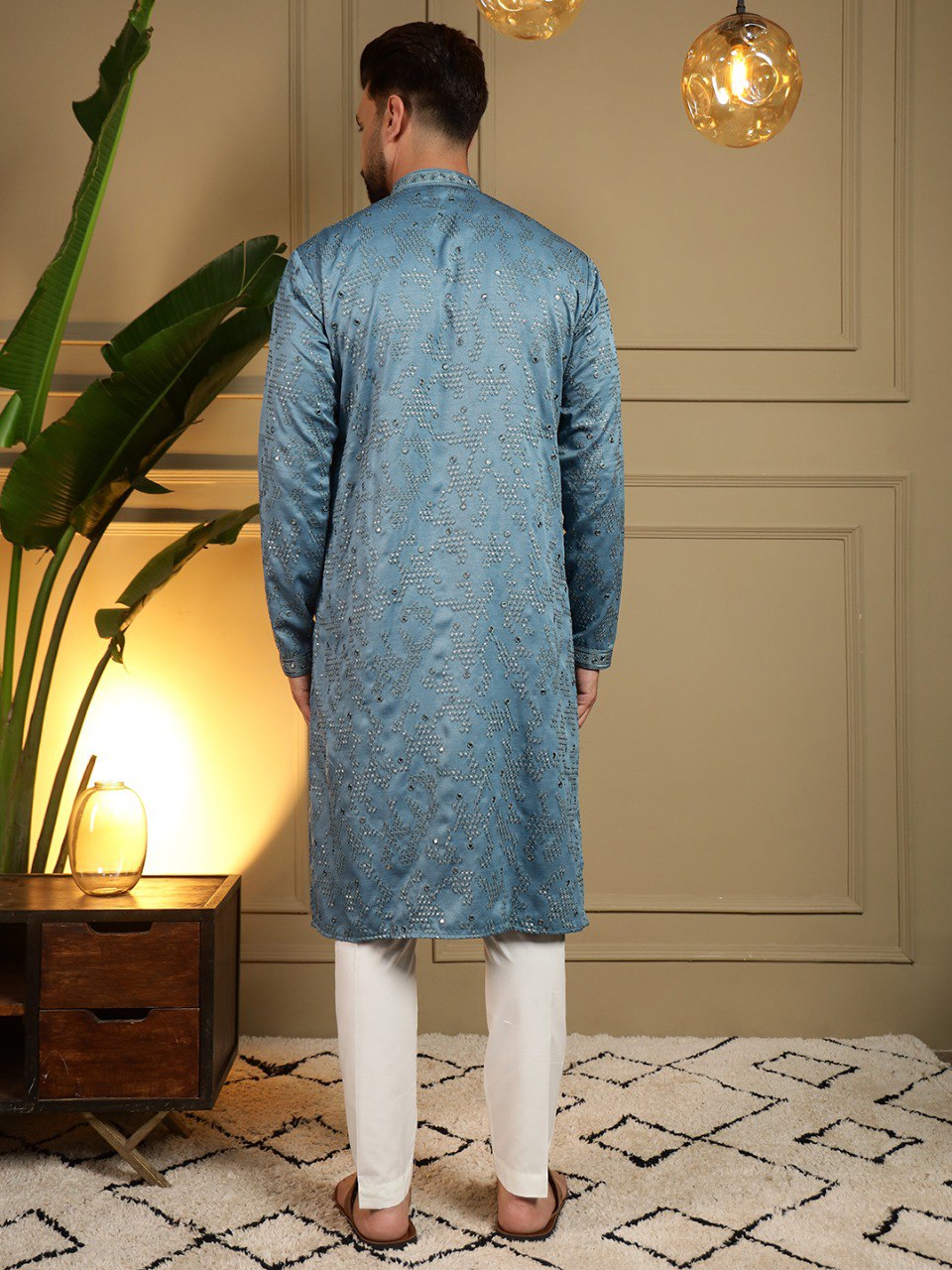 Firozi Pure Heavy Cotton Embroidery Sequence Work Kurta Pajama