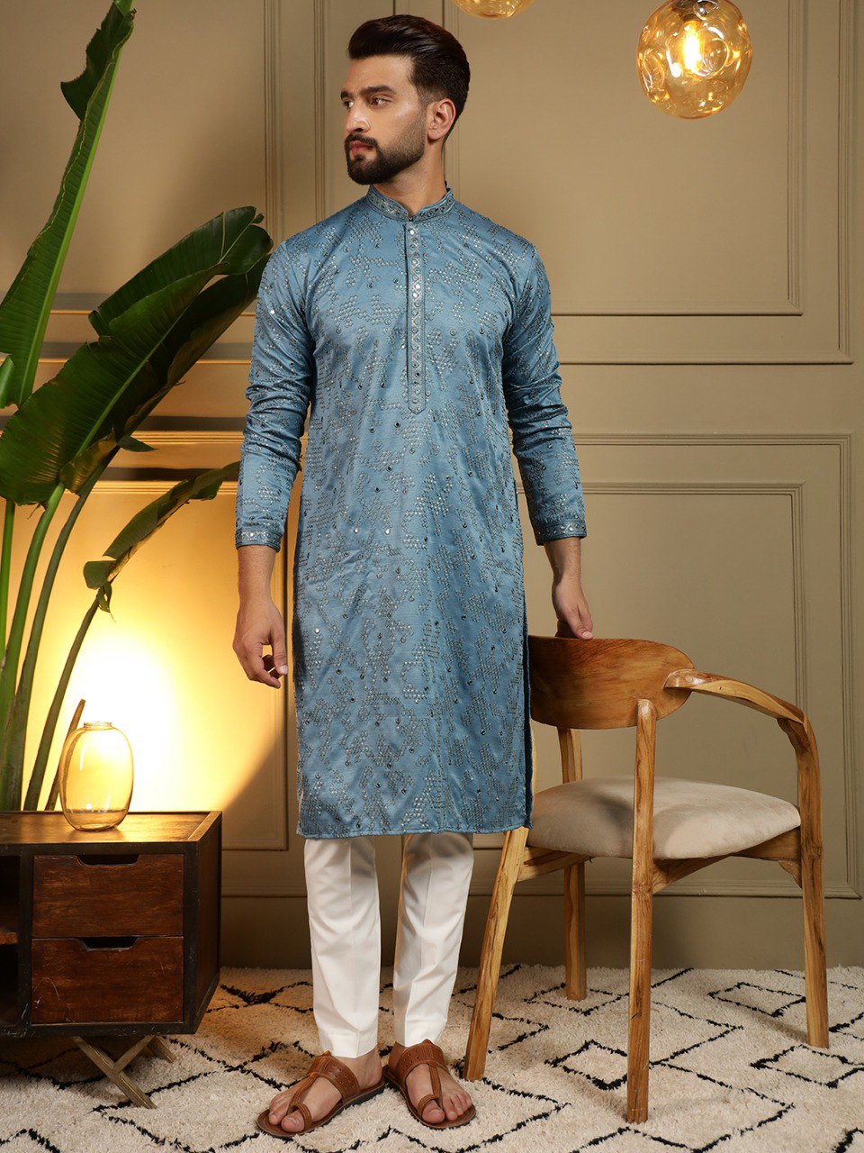 Firozi Pure Heavy Cotton Embroidery Sequence Work Kurta Pajama