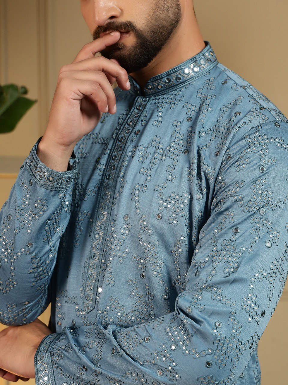 Firozi Pure Heavy Cotton Embroidery Sequence Work Kurta Pajama