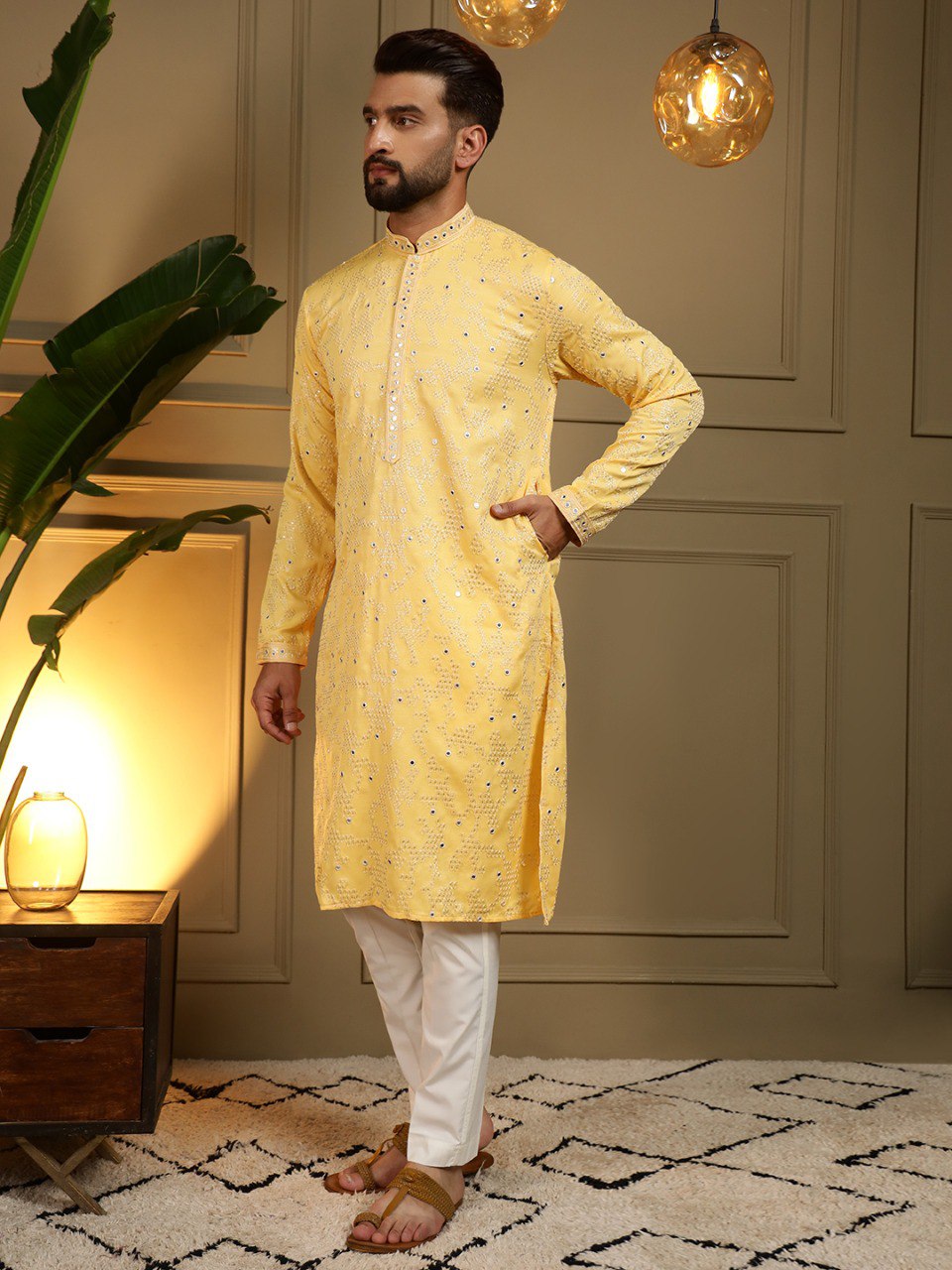 Yellow Pure Heavy Cotton Embroidery Sequence Work Kurta Pajama