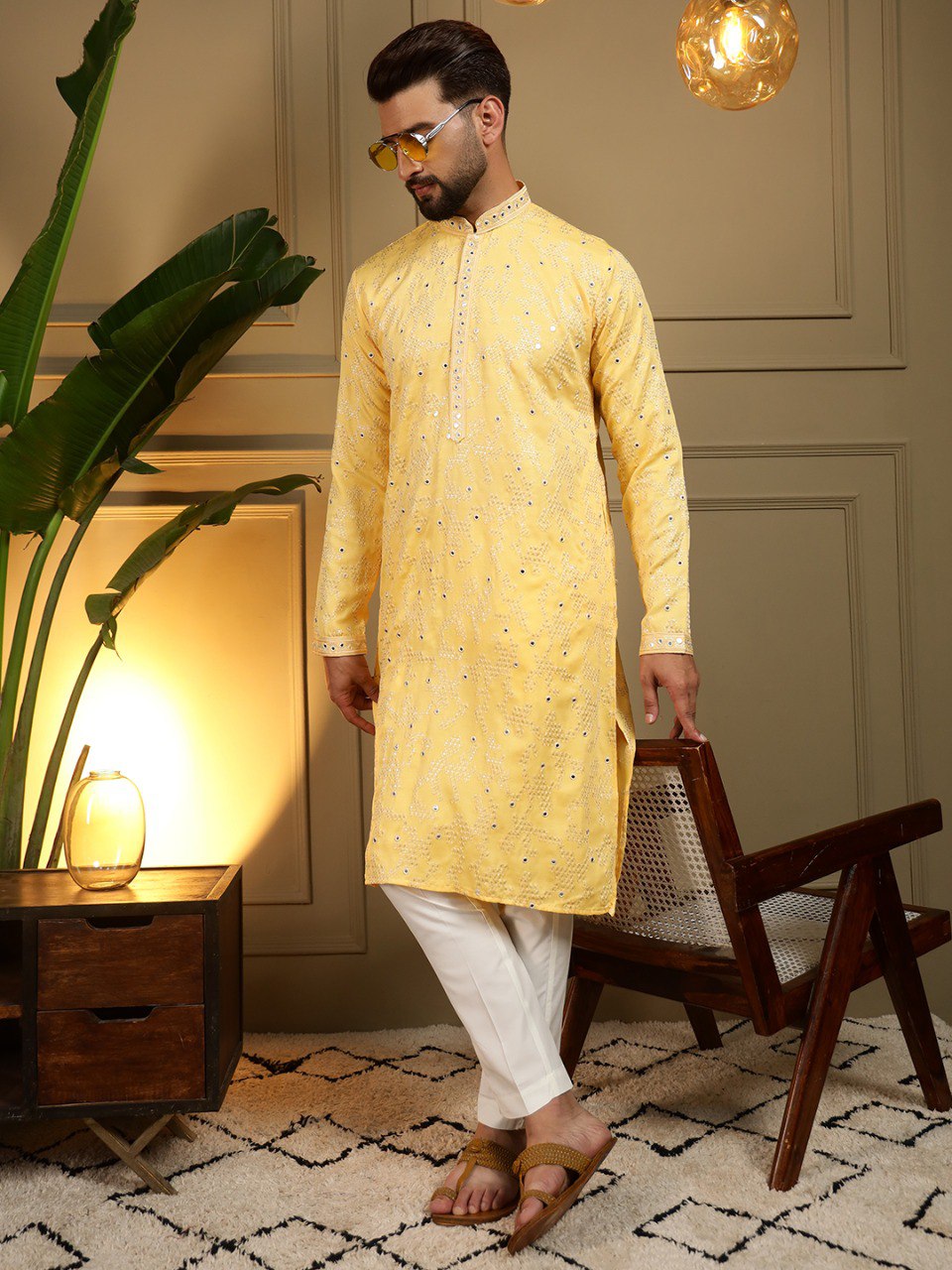 Yellow Pure Heavy Cotton Embroidery Sequence Work Kurta Pajama
