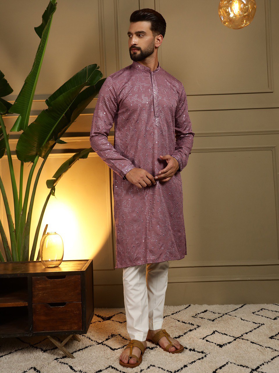 Mauve Pure Heavy Cotton Embroidery Sequence Work Kurta Pajama