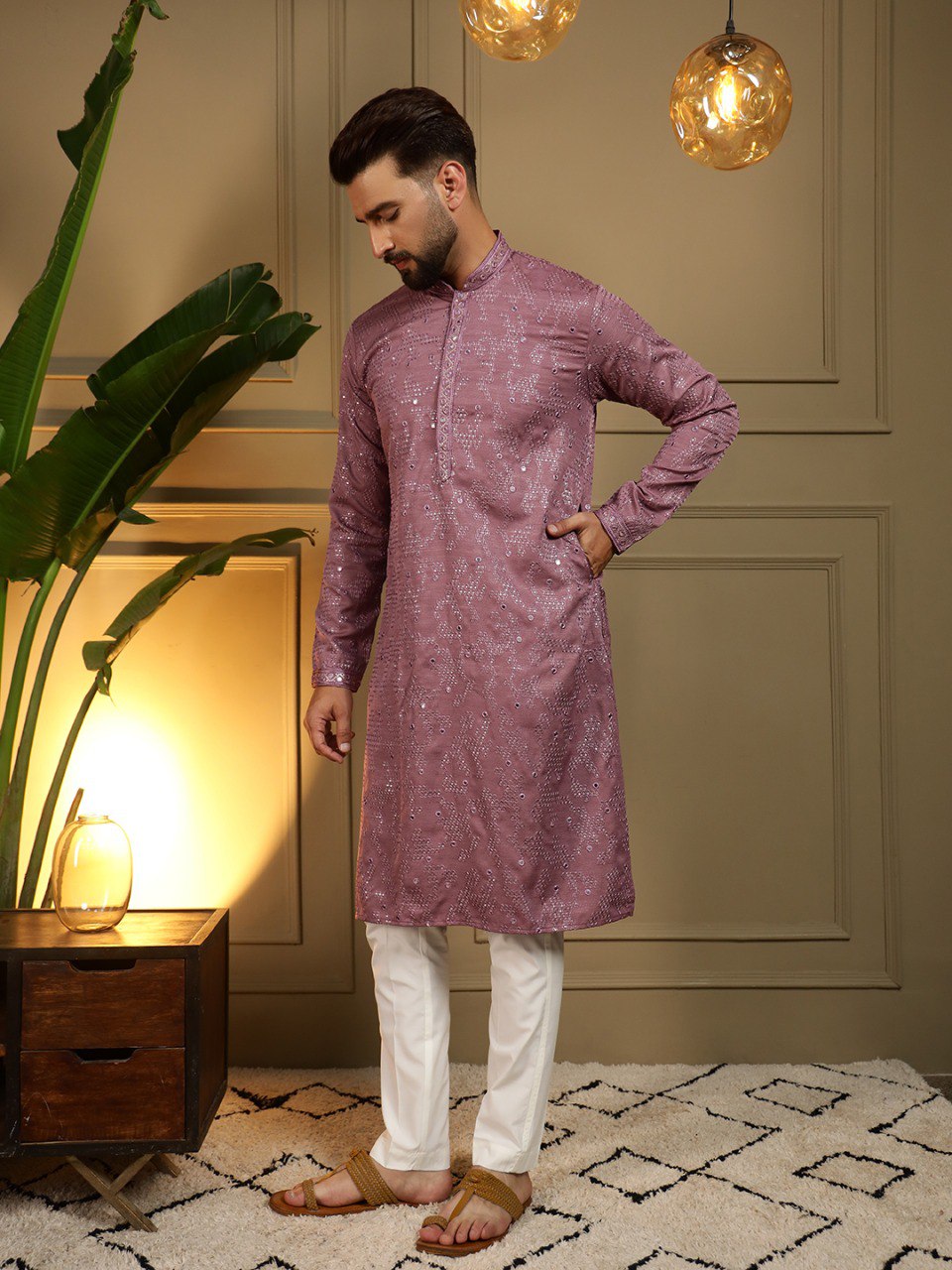 Mauve Pure Heavy Cotton Embroidery Sequence Work Kurta Pajama