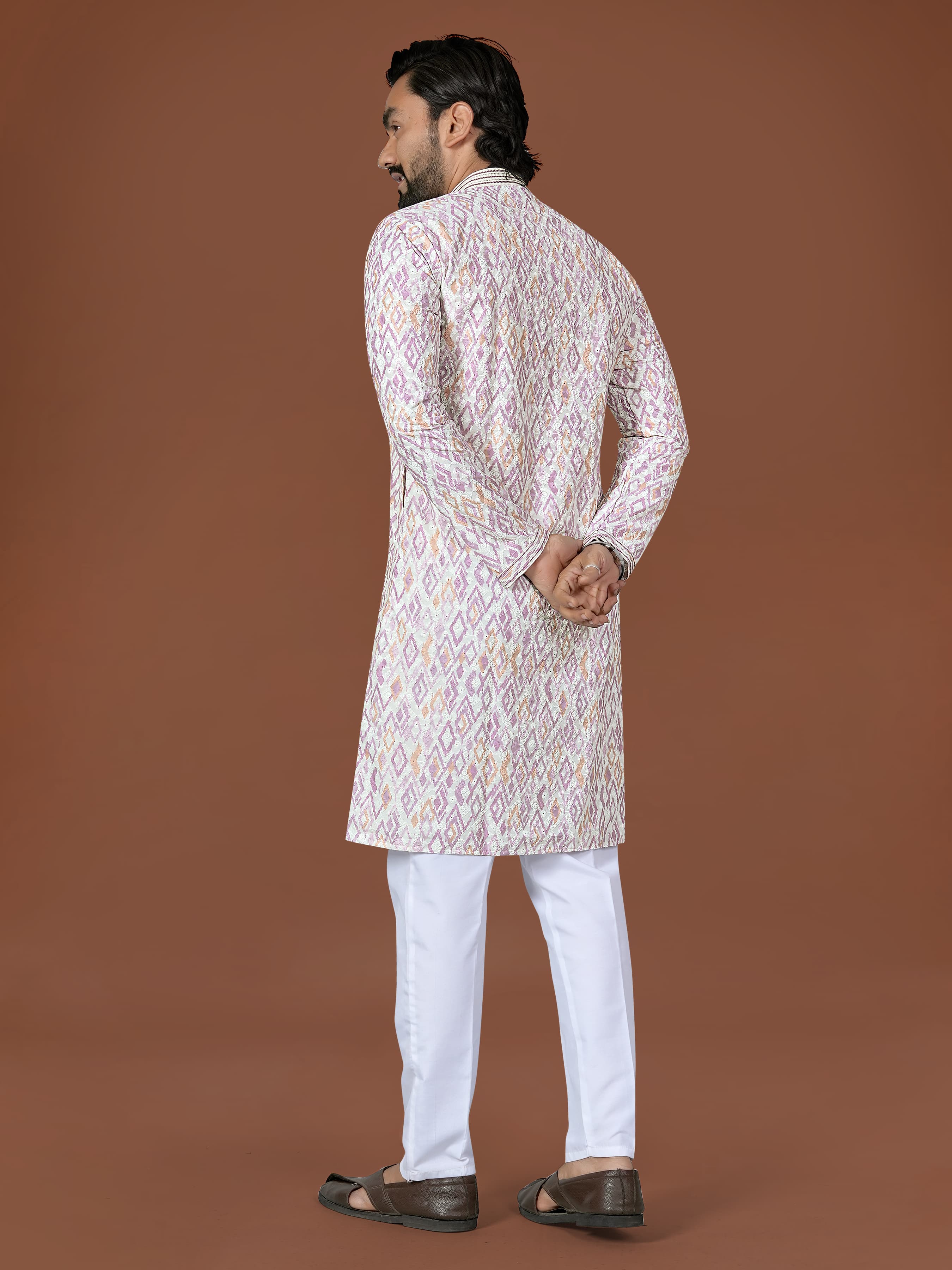 Cream Pure Heavy Cotton Lucknowi Work Kurta Pajama