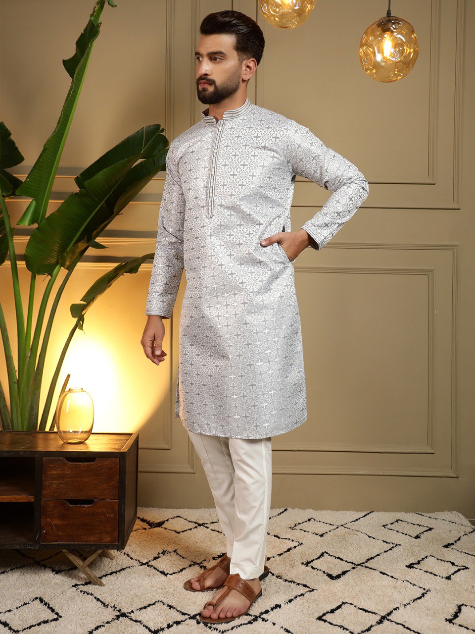 Grey Pure Heavy Jacquar Silk Kurta Pajama