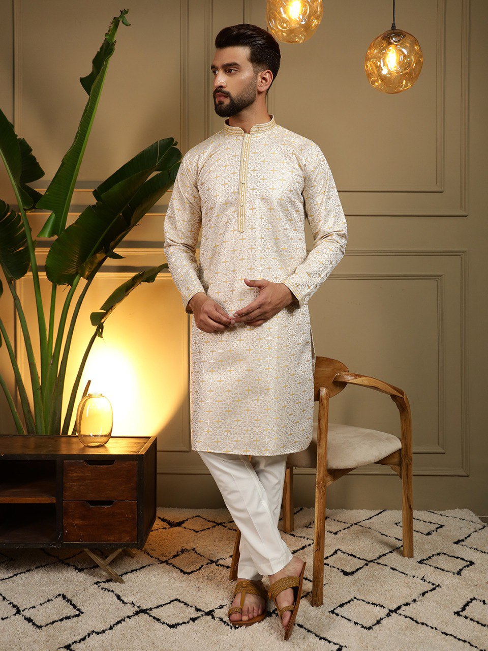 Yellow Pure Heavy Jacquar Silk Kurta Pajama
