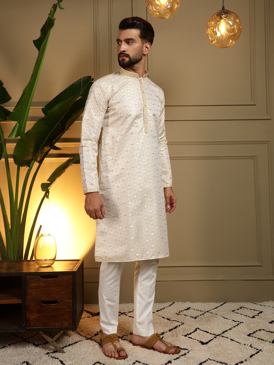 Yellow Pure Heavy Jacquar Silk Kurta Pajama