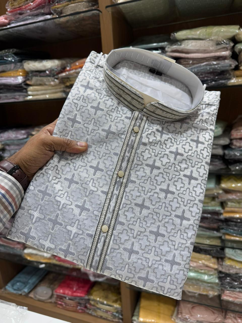 Grey Pure Heavy Jacquar Silk Kurta Pajama
