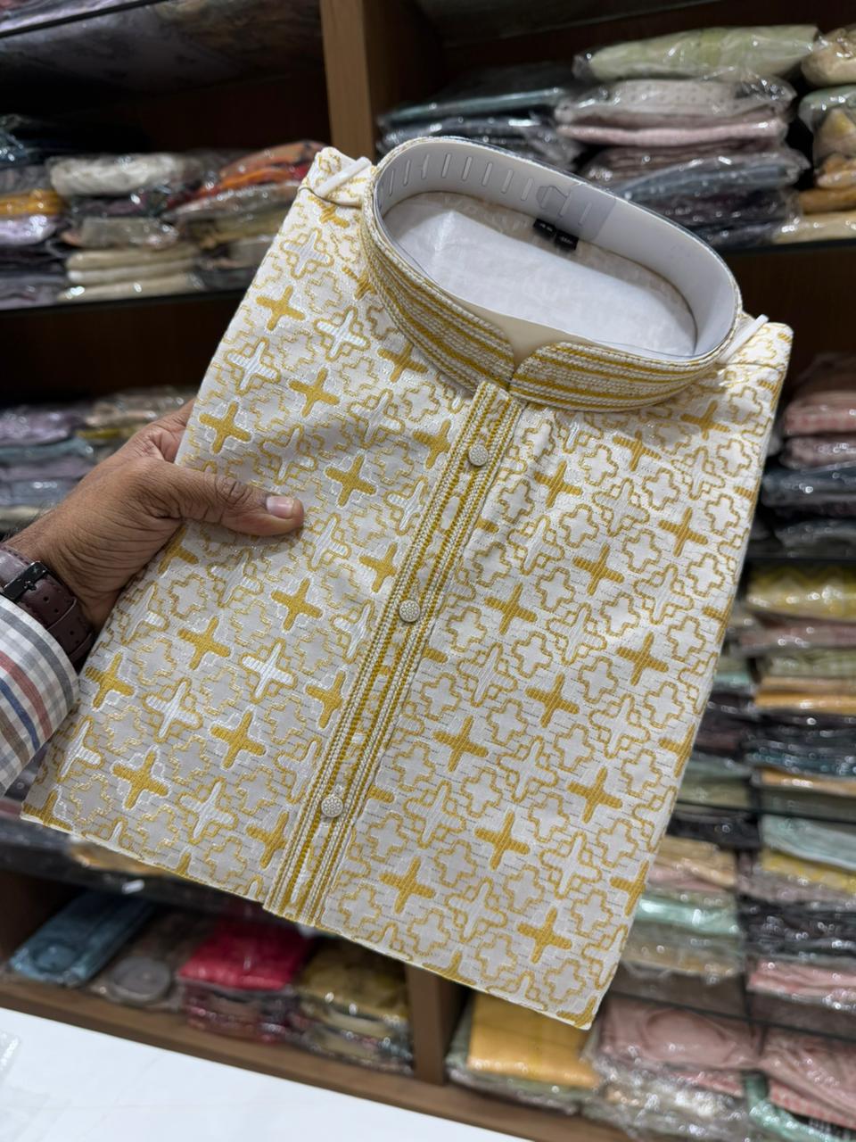 Yellow Pure Heavy Jacquar Silk Kurta Pajama