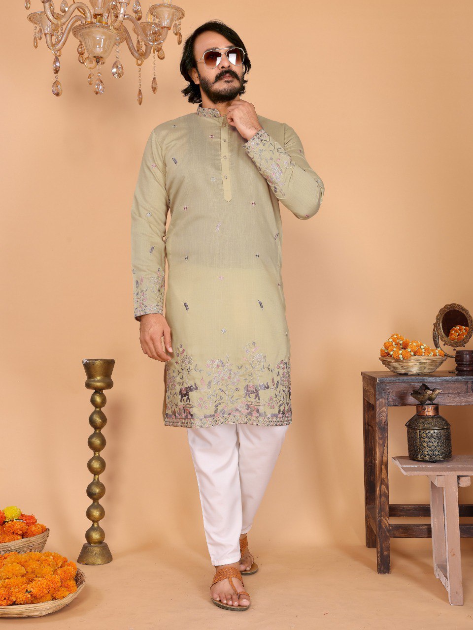 Beige Pure Heavy Linen Cotton Heavy Embroidery Work Kurta Pajama