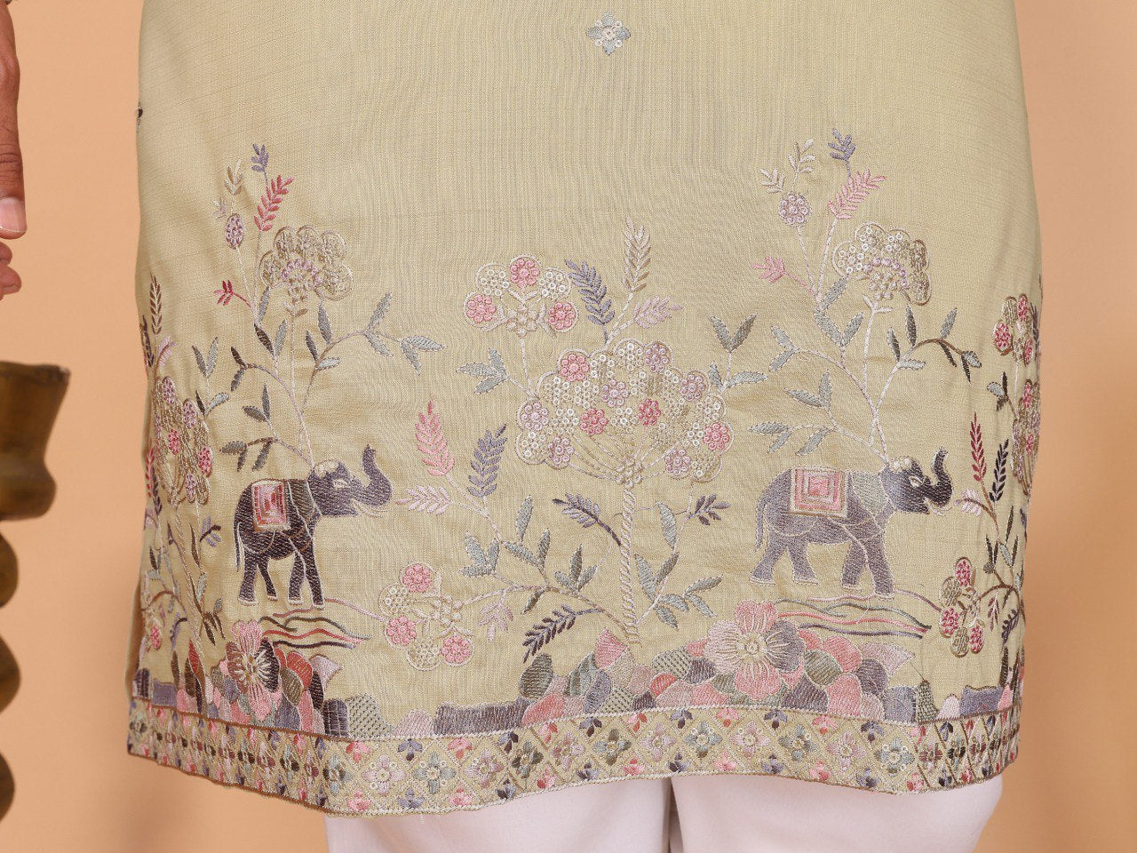 Beige Pure Heavy Linen Cotton Heavy Embroidery Work Kurta Pajama