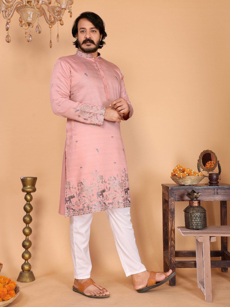 Pink Pure Heavy Linen Cotton Heavy Embroidery Work Kurta Pajama