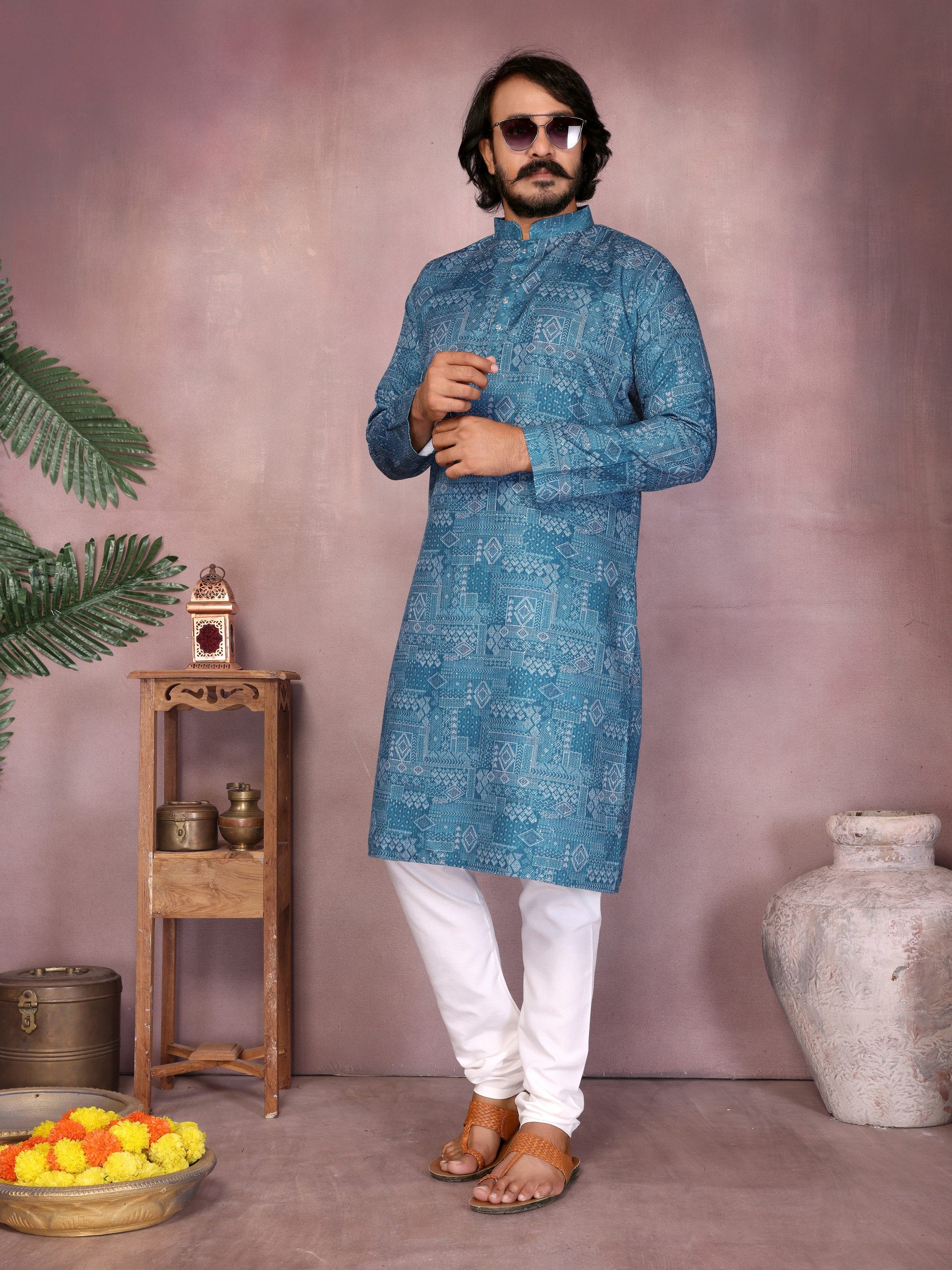 Blue Pure Heavy Cotton Sequence Work and Print Kurta Pajama