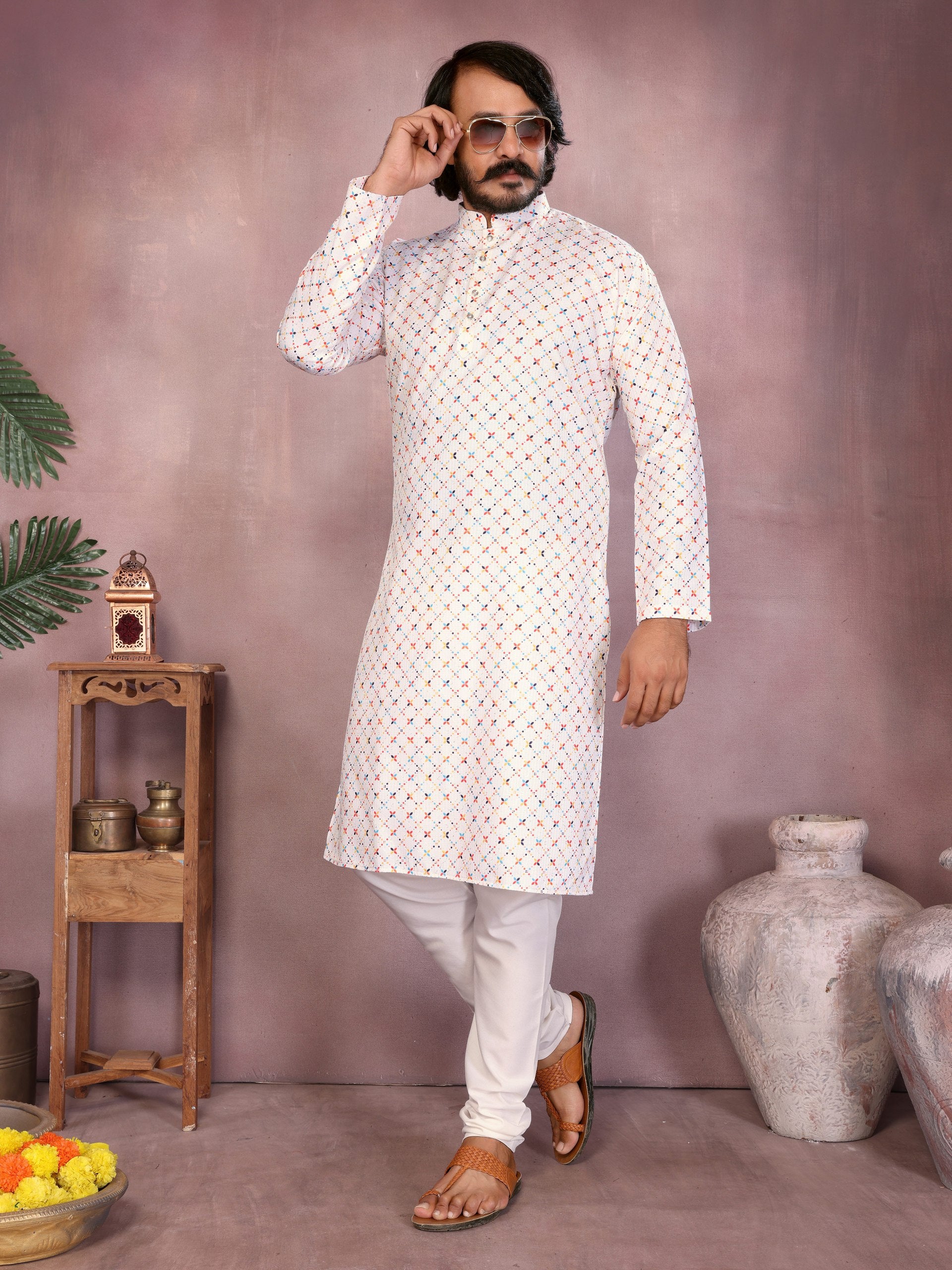 White Pure Heavy Cotton Sequence Work and Print Kurta Pajama