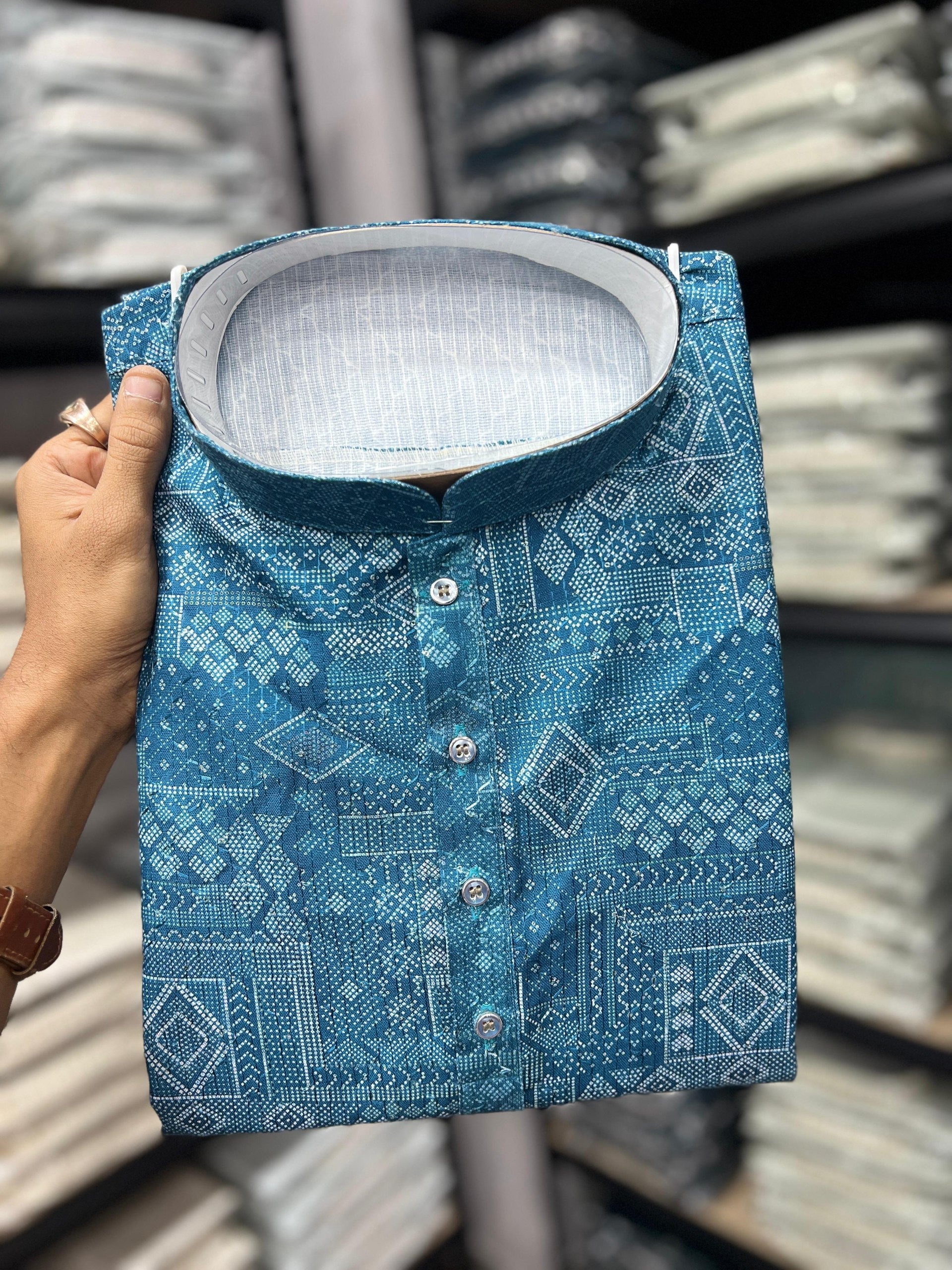 Blue Pure Heavy Cotton Sequence Work and Print Kurta Pajama