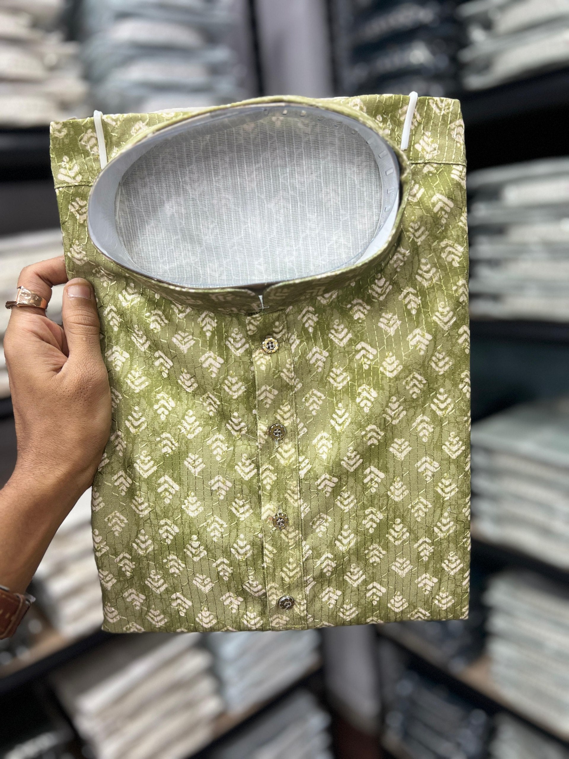 Green Pure Heavy Cotton Sequence Work and Print Kurta Pajama
