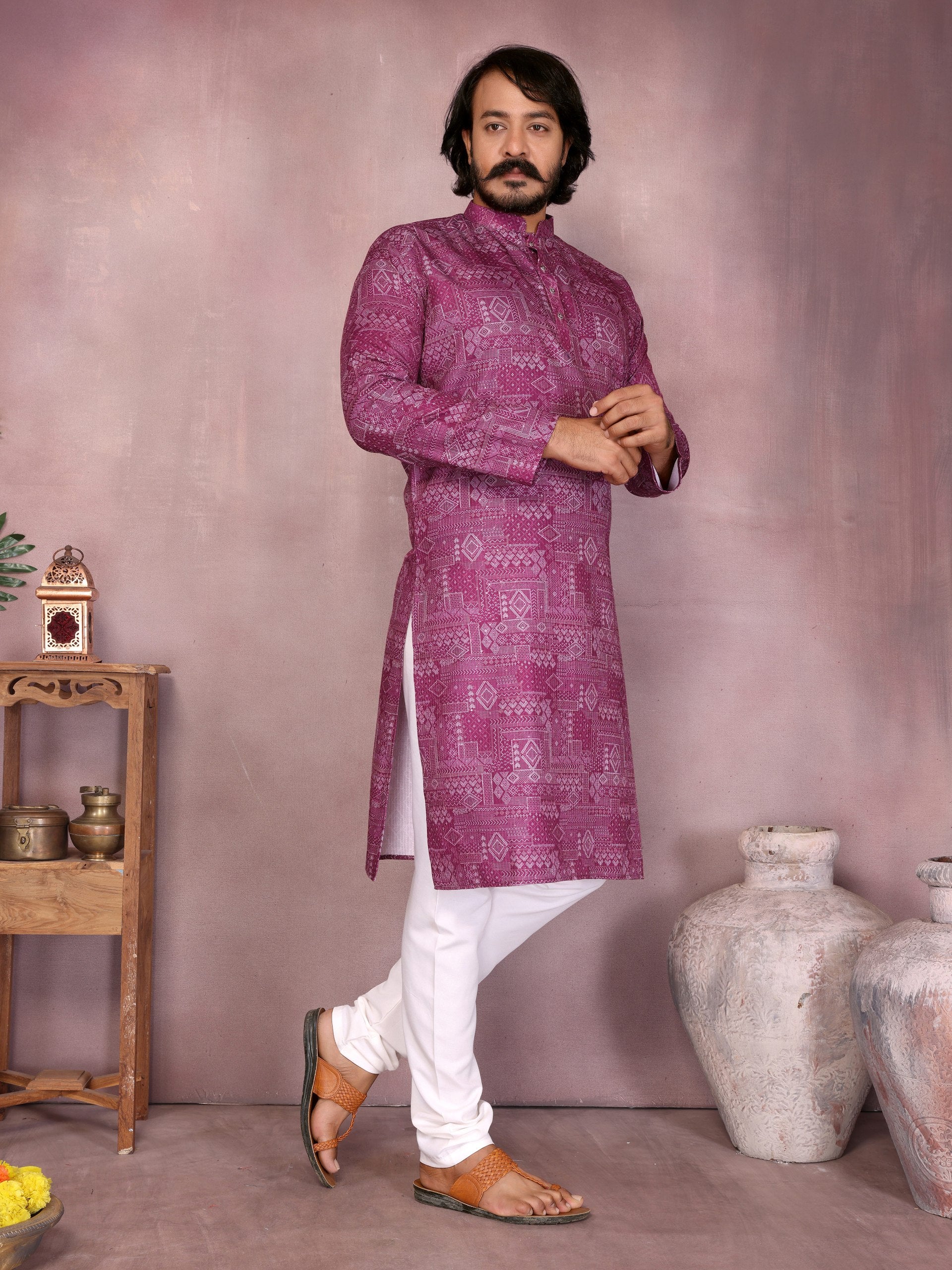 Maroon Pure Heavy Cotton Sequence Work and Print Kurta Pajama