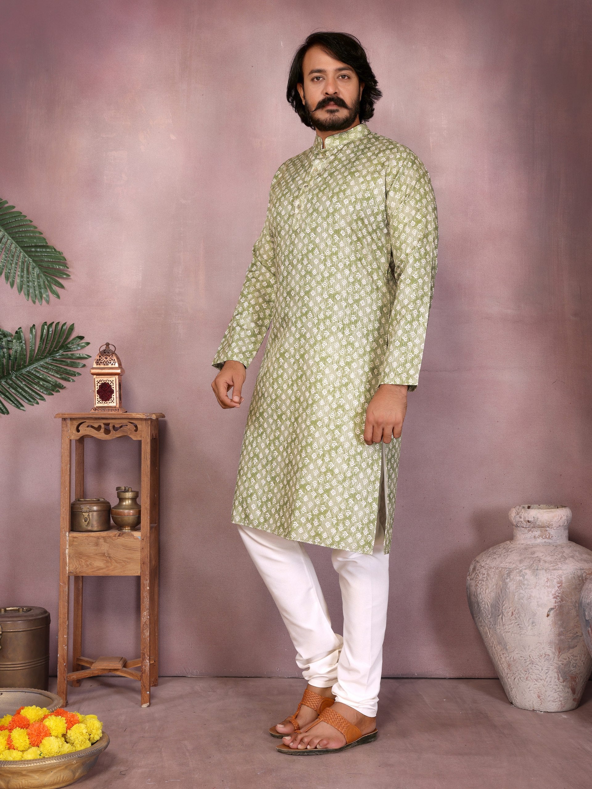 Green Pure Heavy Cotton Sequence Work and Print Kurta Pajama