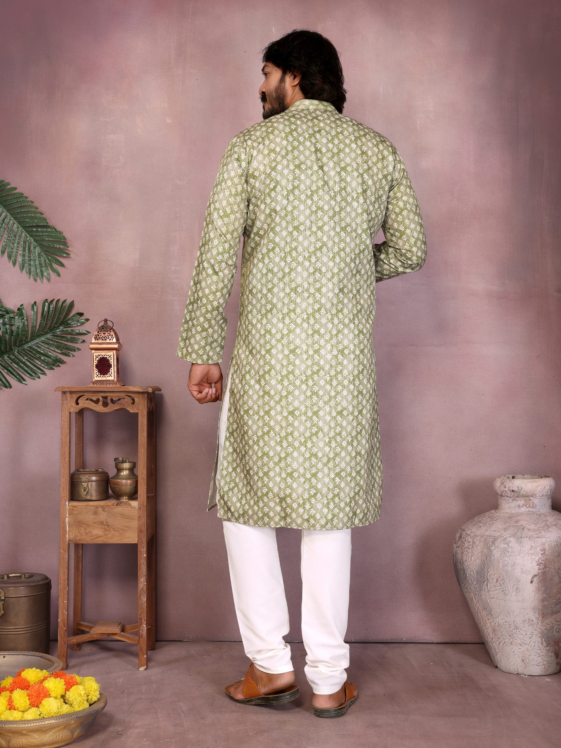 Green Pure Heavy Cotton Sequence Work and Print Kurta Pajama
